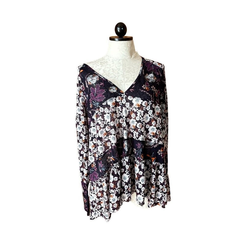 Free‎ People Babydoll Floral Blue/Purple Oversize Stretch Blouse XS  Long Sleeve